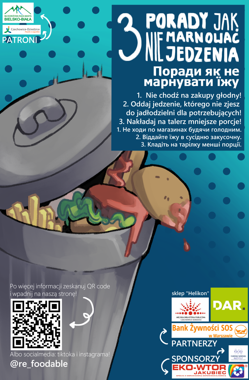 Plakat prokujący projket z kodem QR i grafiką przedstawiającą żywność w koszu na śmieci