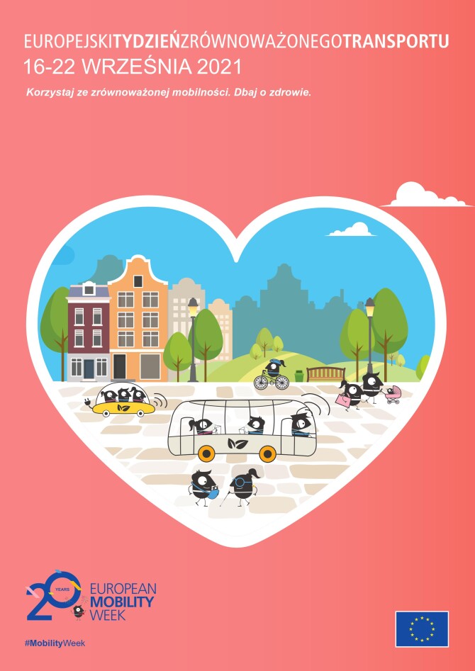 Różowy plakat z sercem w centralnym miejscu promujący Europejki Dzień Bez Samochodu