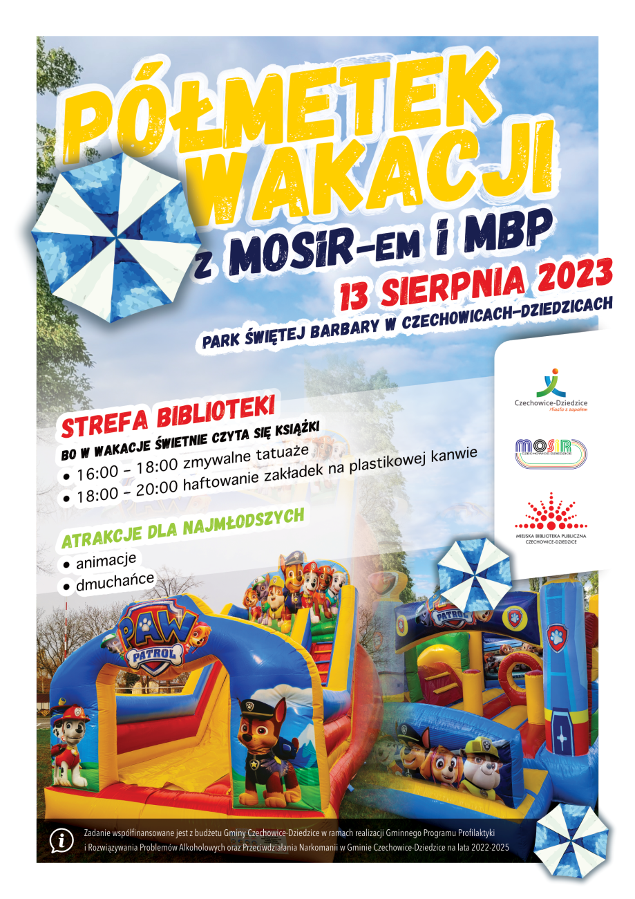 plakat imprezy "Półmetek wakacji z MOSiR-em i MBP"