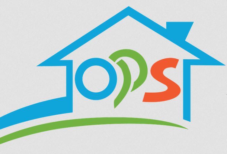 logo Ośrodka Pomocy Społecznej: zielone podkreślenie imitujące trawę, zarys budynku w kolorze niebieskim, w srodku budynku kolorowy napis: OPS