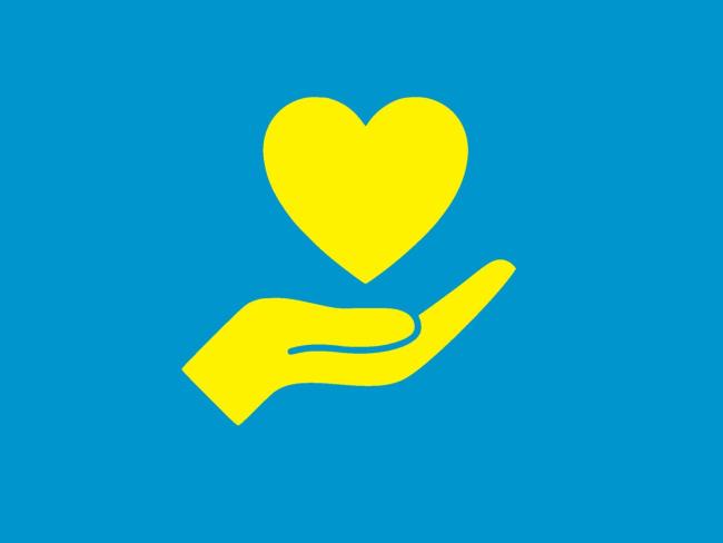 Klawisz pomoc dla Ukrainy - żółte dłoń i serce na niebieskim tle