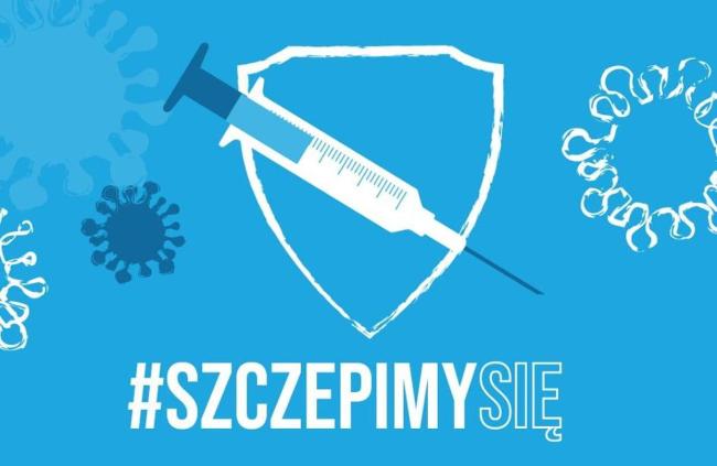 Grafika akcji szczepimy się - strzykawka i ikony wirusa na niebieskim tle