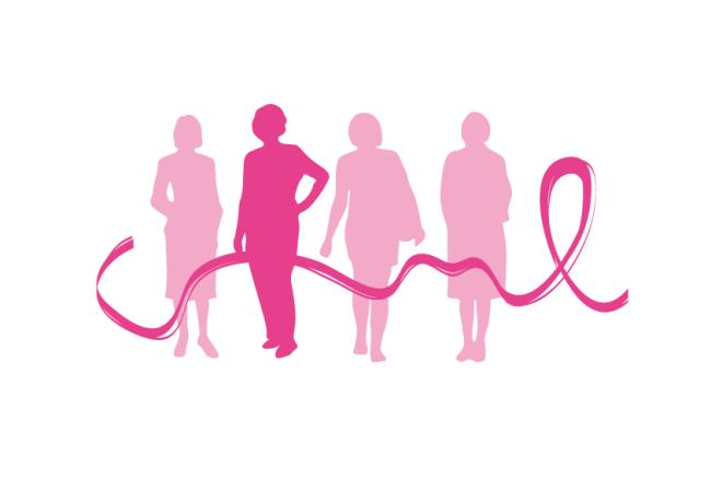 Różowa grafika symbolizująca bezpłatne badania mammograficzne - sylwetki kobiet i różowa wstążka